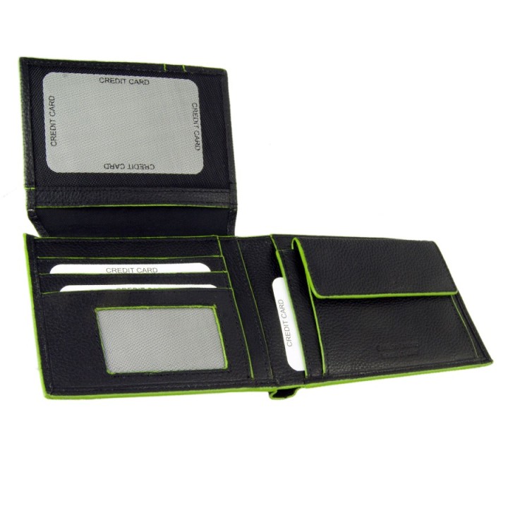 Portafoglio in pelle 6201-N nero con dettaglio verde