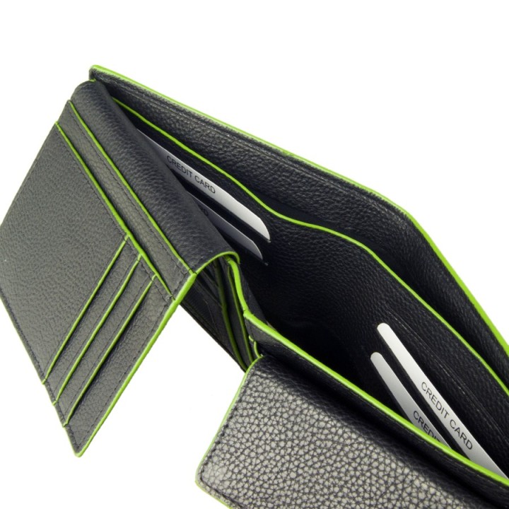 Portafoglio in pelle 6201-N nero con dettaglio verde